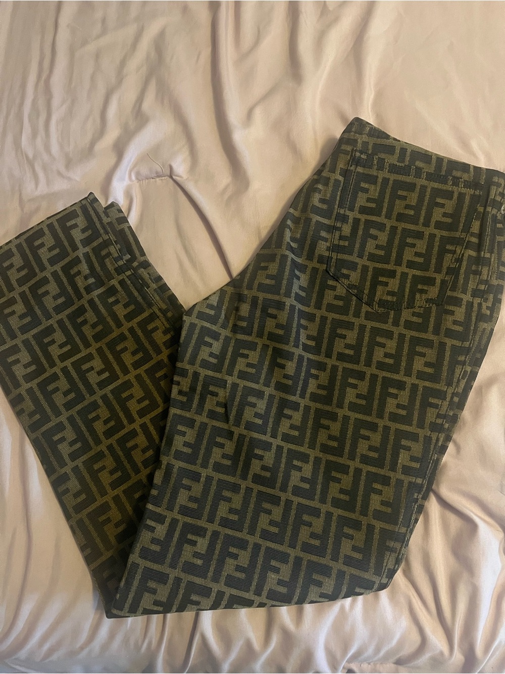 Fendi FF Jacquard Trousers in Olive Green & Black